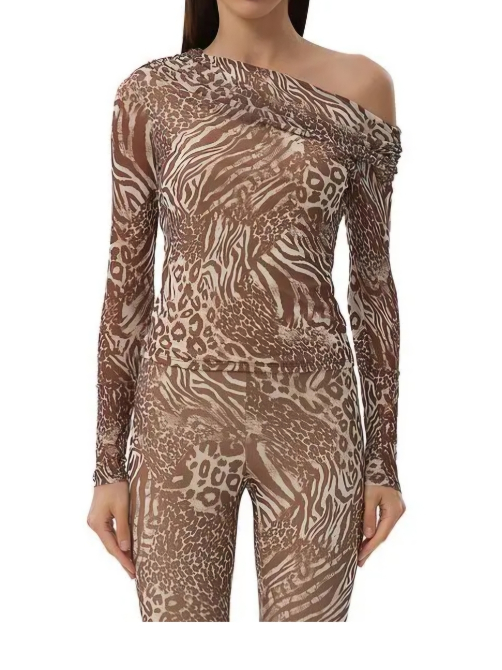AFRM Brown Animal Print One-Shoulder Long Sleeve Top